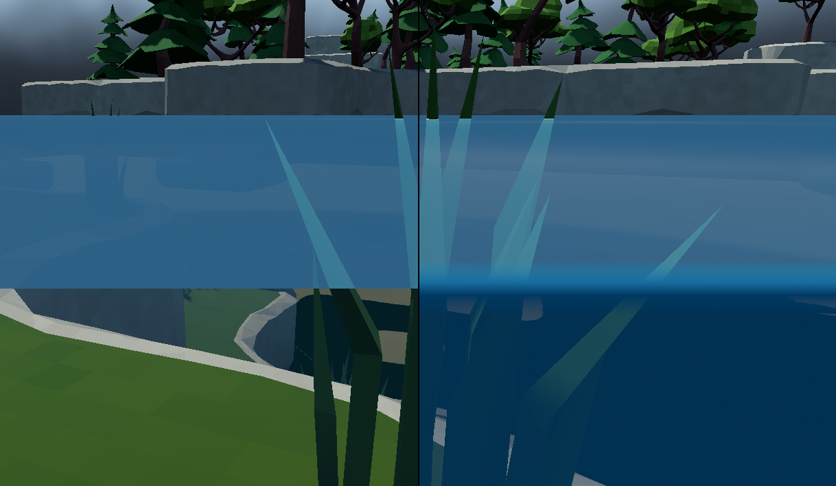 Comparison of standard water surface camera clipping vs with waterline post-process shader.